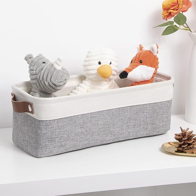 DULLEMELO Fabric Bathroom Storage Bin with Leather Handles, Narrow Organizer for Towels, Toilet Paper Rolls, Storage Basket for Back of Toilet, Vanities, Shelves & Cabinets (White&Gray)
