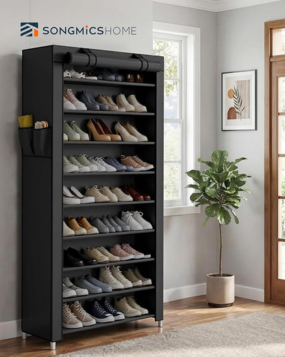 SONGMICS Home Shoe Rack 10-Tier, Tall Narrow Metal Shoe Organizer with Dust Cover, 11.2 x 33.3 x 63.2 Inches, Vertical Storage Cabinet for Closet Entryway, Black