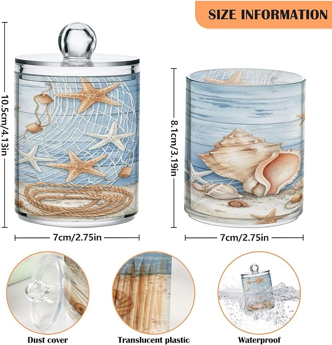 ALAZA 2pcs Starfish Seashell Tropical Beach Qtip Holder Dispenser 14 oz Bathroom Storage Clear Apothecary Jars Containers Cotton Ball,Cotton Rounds,Floss Picks, Hair Clips, Food