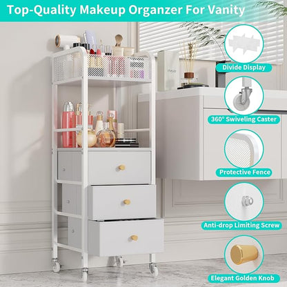 HapiRm Rolling Makeup Cart Organizer - Floor Skincare Make Up Storage with 3 Non-woven Fabric Drawers, Vanity Organizer Cosmetic Display Cases Holder for Skin Care Perfume Nail Polish Brush Hair Tool