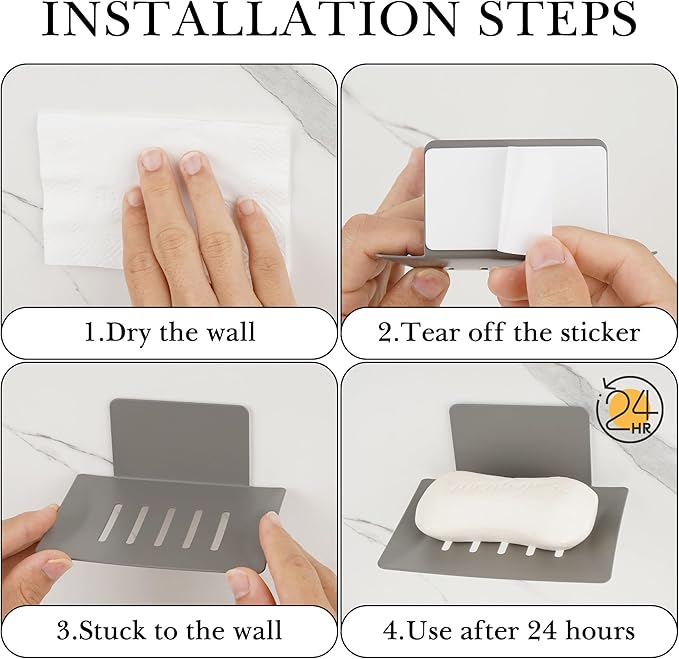 2 Pack Soap Dishes for Bathroom, Bar Soap Holder with Self Draining Tray, Soap Tray for Shower Wall, 4 Slot Self-Adhesive Soap Container (Gun Grey)