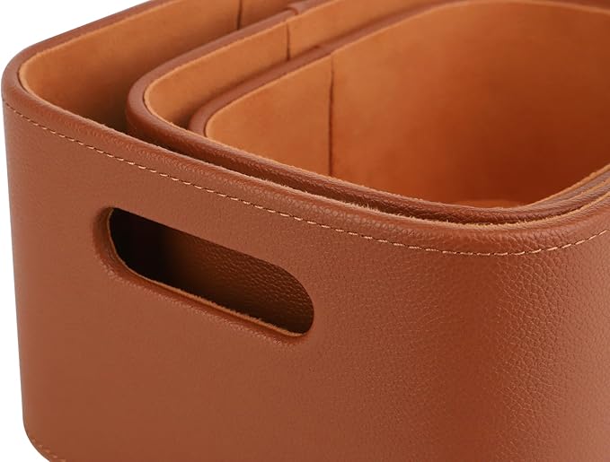 HofferRuffer Faux Leather Storage Baskets Bins with Velvet Lining for Organizing, Storage, Gifts, Set of 3 Nesting Shelf Baskets Decorative Storage Boxes for Home Organization (Brown)