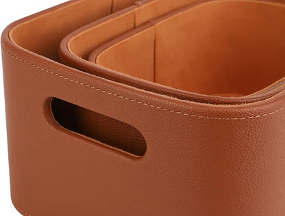HofferRuffer Faux Leather Storage Baskets Bins with Velvet Lining for Organizing, Storage, Gifts, Set of 3 Nesting Shelf Baskets Decorative Storage Boxes for Home Organization (Brown)