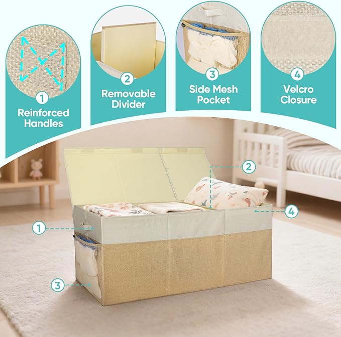 BALEINE Fabric Storage Bins with Lid, Collapsible Extra Large Storage Boxes Bins Baskets with Divider for Home Organizing (37.5"x13"x16", Khaki)
