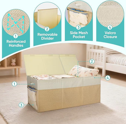 BALEINE Fabric Storage Bins with Lid, Collapsible Extra Large Storage Boxes Bins Baskets with Divider for Home Organizing (37.5"x13"x16", Grey&Beige)
