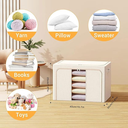 Clothes Storage Bins with Metal Frame, Foldable Clothes Organizers Storage Containers for Clothes, Sheets, Blankets, Pillows and Towels (24L, 3 Pack) Beige