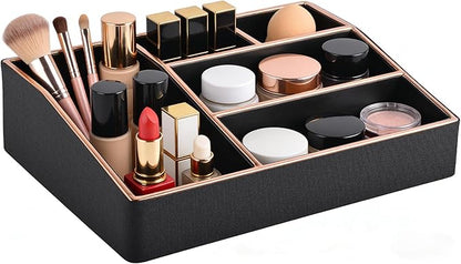 PU Leather Makeup Organizer Tray,Large Vanity Organizer,Cosmetic Storage Box for Lipstick Brushes Skincare Perfume,Cosmetic Display Case Rose Gold-trimmed for Dresser,Bathroom Countertop(Black)