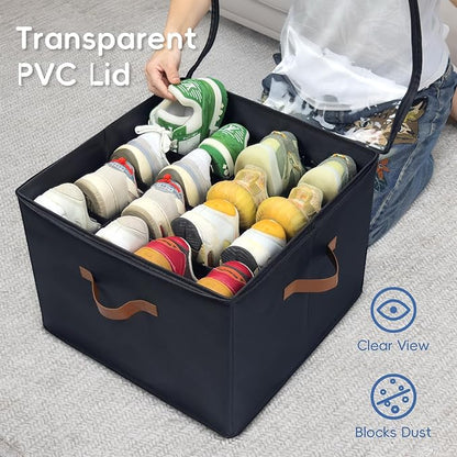 Fabric Shoe Organizer for Closet, 2 Pack Shoe Storage Organizer with Clear PVC Cover and Adjustable Dividers, Fits 16-32 Pairs – Shoe Organizer Box Foldable & Dustproof