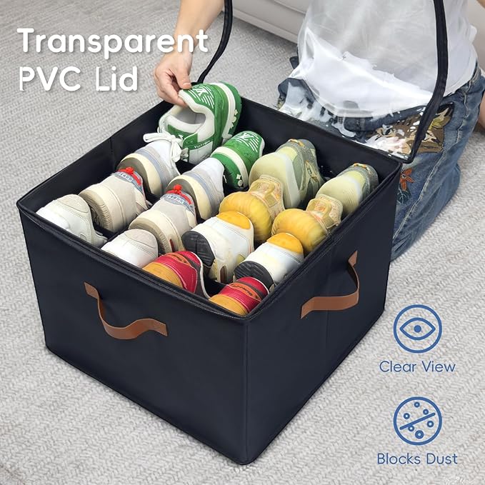 Fabric Shoe Organizer for Closet, 3 Pack Shoe Storage Organizer with Clear PVC Cover and Adjustable Dividers, Fits 24-48 Pairs – Shoe Organizer Box Foldable & Dustproof