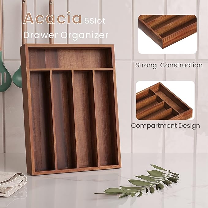 Fibogollo Silverware Organizer Acacia Wood Kitchen Drawer Organizer with 5 Slots Flatware Organizer Tray for Kitchen, Flatware, Utensils