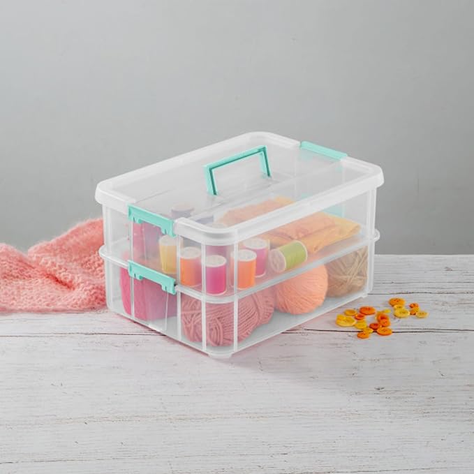 Sterilite 8-Pack Stack & Carry, 2 Layer Handle Box for Home & Office Storage - Clear Base & Lid with Color Latches, Organizer for Art & Craft Supplies, Sewing Tools or 8.5" x 11" Paper
