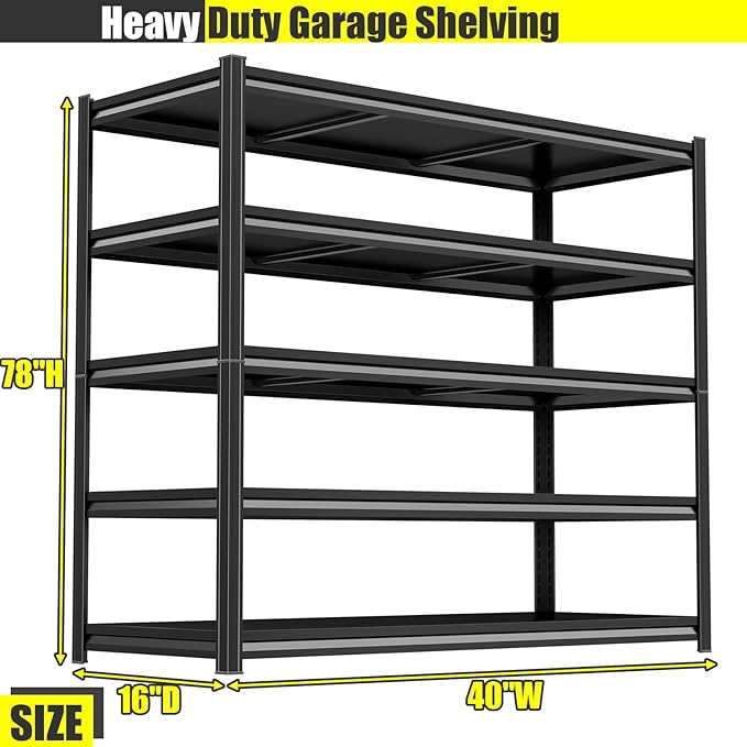 Heavy Duty Garage Shelving Unit, 5-Tier Adjustable Metal Storage Shelves, High-Capacity Storage Rack, 3000LBS Utility Shelf for Garage & Basement, Tool Organization, Warehouse, 78" H, Black