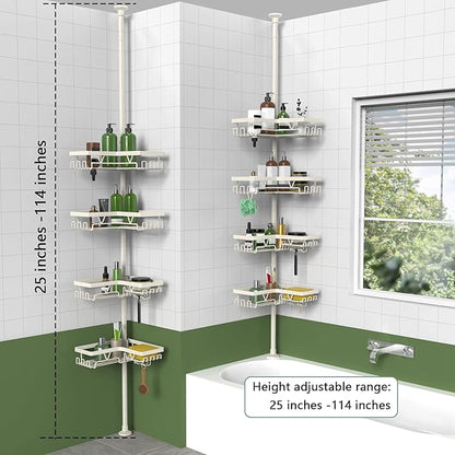 KEGII Shower Corner Caddy Tension Pole, Rustproof Corner Bathroom Organizer, No Drilling Bathtub Shelf for Inside Shower, Waterproof Bathroom Tub Organizer, Fits 25-114.2 Inch Height, Cream White