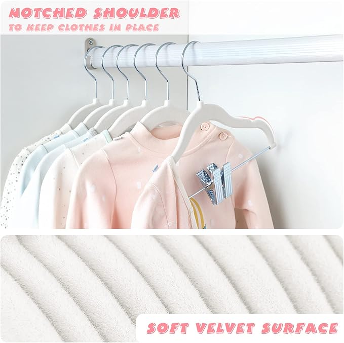 ManGotree 11.8'' Baby Velvet Hangers with Movable Clips, Non-Slip Kids Clothes Hangers, Ultra-Thin Space-Saving Children's Felt Hangers for Shirts, Pants, Dresses, Skirts, Jackets (16 Pack, White)