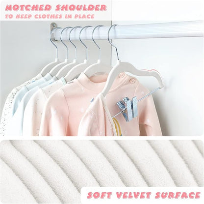 ManGotree 11.8'' Baby Velvet Hangers with Movable Clips, Non-Slip Kids Clothes Hangers, Ultra-Thin Space-Saving Children's Felt Hangers for Shirts, Pants, Dresses, Skirts, Jackets (16 Pack, White)