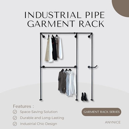 Black Industrial Pipe Clothing Rack 62.5" W Wall Mounted, Heavy Duty Iron Garment Rack 150 lbs per Rod, Open Closet Organizer for Bedroom Laundry Room Retail Display