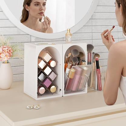 FOLLOWIN Compact Makeup Organizer for Vanity,Lipstick Holder with Grid & Makeup Brush Organizer with Flip Drawer,Cosmetic Organizer Set for Cosmetics,Brushes,Lipsticks,Milk White & Clear