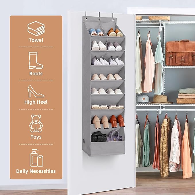 STORAGE MANIAC Over the Door Shoe Organizer Heavy-Duty Large Deep Pocket Hanging Shoe Organizer Shoe Rack Door Closet Shoe Organizer for Wall, Dorm & Narrow Door Storage Shoe Holder Grey, 1 Pack