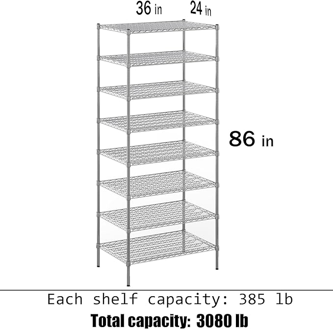 24" Deep x 36" Wide x 86" Height Wire Shelving Kit | 8-Tier | NSF Commercial Storage Rack Unit