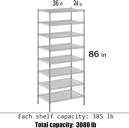 24" Deep x 36" Wide x 86" Height Wire Shelving Kit | 8-Tier | NSF Commercial Storage Rack Unit