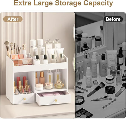 Large Makeup Organizer with Drawers, Bamboo Countertop Cosmetic Storage for Dresser Vanity Organizer Beauty Desk Skincare Holders Container Make Up Organizing for Lipstick