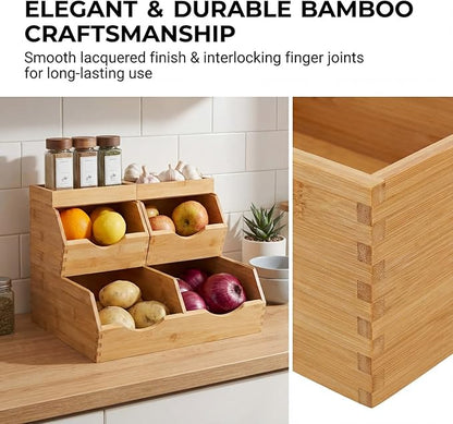 Bamboo Pantry Storage Bins Set 5 Pieces - Stackable Baskets, Potato and Onion Storage, Bamboo Wood Storage Bins for Pantry Baskets Organization and Storage, Kitchen Essential