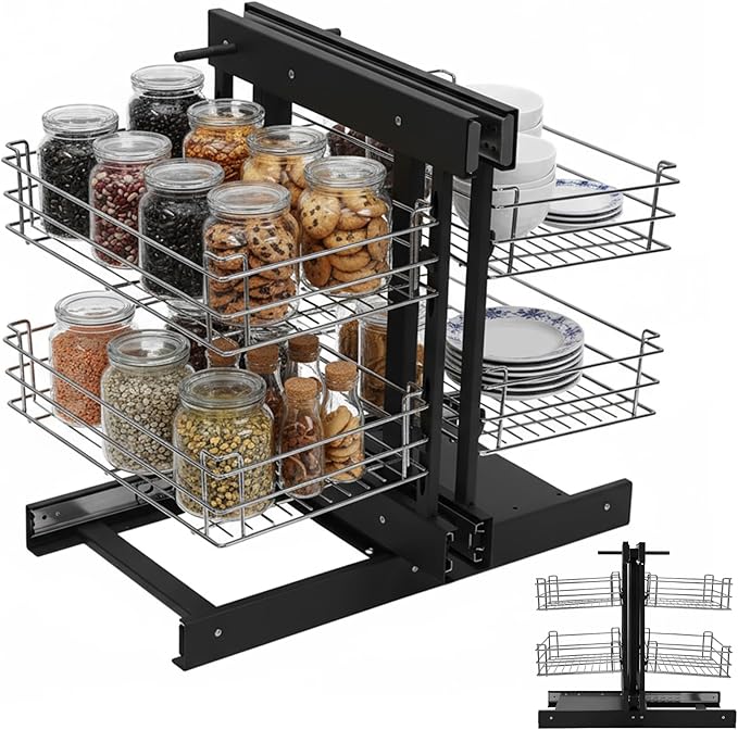 2-Tier 4-Shelf Blind Corner Organizer, Pull-Out Storage Basket with Soft-Close Mechanism, Left/Right Hand Compatible for 15" Min Opening, Chrome Steel Cabinet Organizer for Kitchen/Bathroom
