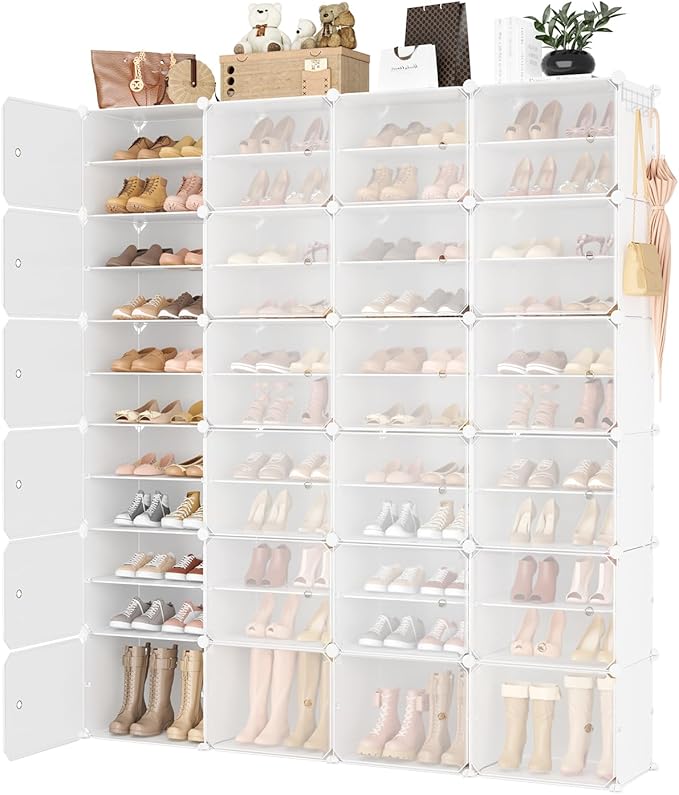 Portable Shoe Rack Organizer with Door, 96 Pairs Shoe Storage Cabinet Easy Assembly, Plastic Adjustable Shoe Storage Organizer Stackable Detachable Free Standing DIY Expandable 12 Tier White
