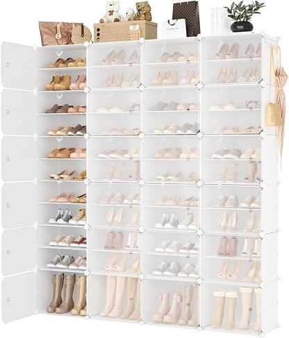 Portable Shoe Rack Organizer with Door, 96 Pairs Shoe Storage Cabinet Easy Assembly, Plastic Adjustable Shoe Storage Organizer Stackable Detachable Free Standing DIY Expandable 12 Tier White
