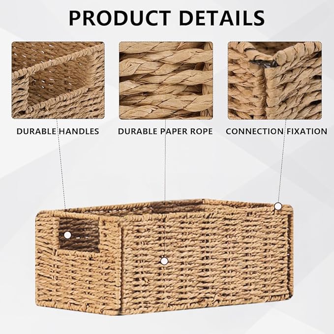 6 Pack Small Wicker Baskets, Wicker Woven Storage Basket Toilet Paper Baskets with Handles, Towel Basket for Home Organizing Shelves (Beige)