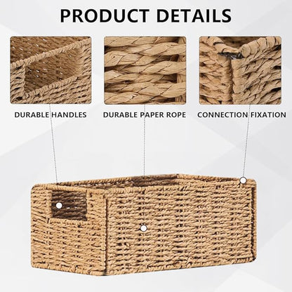 6 Pack Small Wicker Baskets, Wicker Woven Storage Basket Toilet Paper Baskets with Handles, Towel Basket for Home Organizing Shelves (Beige)