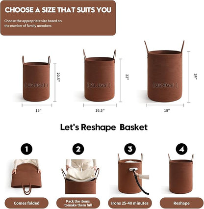 Laundry Basket Hamper Tall Rope Storage Woven for Blanket toys Dirty Clothes in Living Room Bathroom Bedroom (Dark Brown, 80L/21.3Gal)