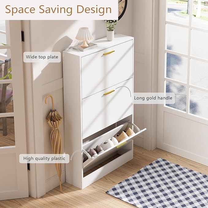 LYNSOM Shoe Cabinet, Free Standing Tipping Bucket Shoe Rack Organizer with 3 Flip Drawers, Modern Entryway Shoe Storage with Top Display, Narrow Slim Hidden Shoe Cabinet (White)