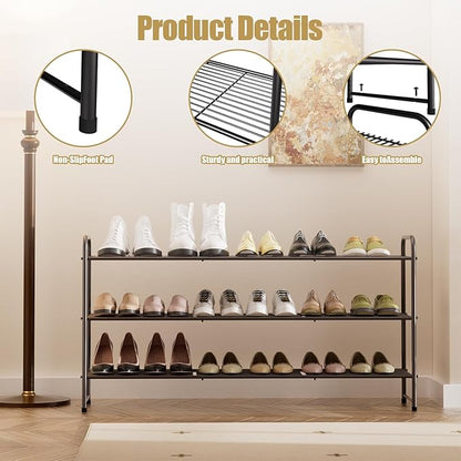 3-Tier Long Metal Shoe Rack,Extra Large Capacity Adjustable Stackable Shoe Organizer Shelf for Closet Entryway,Bronze 42" W × 24.5" H