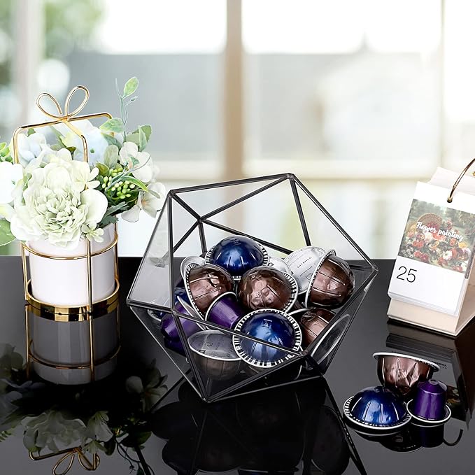 ELLDOO Black Glass Coffee Pods Holder, 15 Sided Geometric Box Coffee Pod Organizer for K Cup Espresso, Tea Bags Sugar Packets Storage Holder for Kitchen Coffee Bar Office Counter
