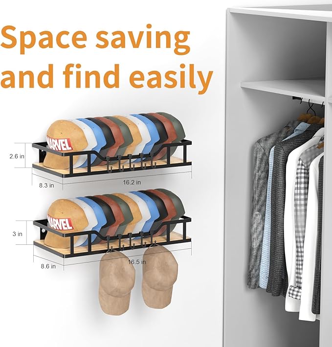 Natural Wood Hat Racks for Baseball Caps Peaked Caps Wall Hat Organizer Fit 40 Caps Holder, 2 Packs Sturdy Wall Mounted Snapback Storage Organizer, Black