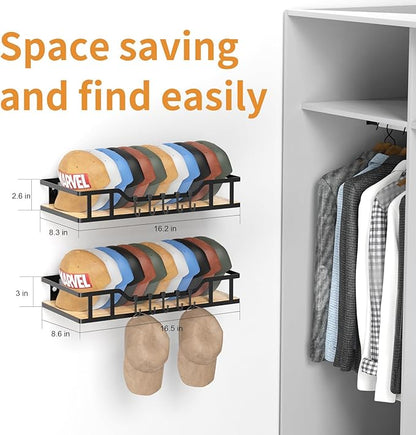 Natural Wood Hat Racks for Baseball Caps Peaked Caps Wall Hat Organizer Fit 40 Caps Holder, 2 Packs Sturdy Wall Mounted Snapback Storage Organizer, Black