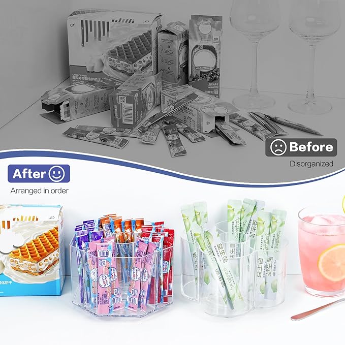 Drink Packet Organizer, 360 Degrees Rotating Acrylic Lazy Susan Organizer for Powdered Drink Mix Powder Packet, Water Flavor Packet Holder for Kitchen Pantry Storage, 5-Section