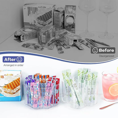 Drink Packet Organizer, 360 Degrees Rotating Acrylic Lazy Susan Organizer for Powdered Drink Mix Powder Packet, Water Flavor Packet Holder for Kitchen Pantry Storage, 5-Section