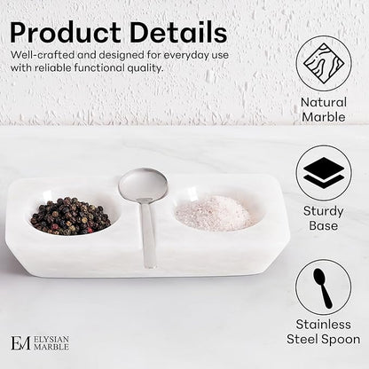 Marble Salt and Pepper Dish with Spoon, Handcrafted Double Spice Tray with 2 Compartments, Natural Stone Condiment Dish for Cooking Prep and Serving - White