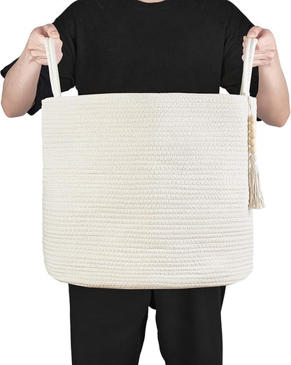 Mkono Woven Storage Basket Decorative Natural Rope Basket Wooden Bead Decoration for Blankets,Toys,Clothes,Shoes,Plant Organizer Bin with Handles Living Room Home Decor, White, 16" W × 13.8"L