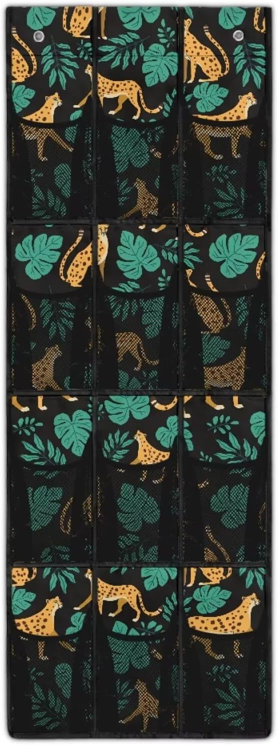 12 Large Mesh Pockets Over the Door Shoe Organizer Monstera Leopard Hanging Shoe Rack for Closet Shoe Organizer Door Hanger