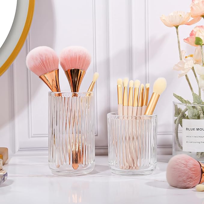 DASITON Makeup Brush Holder Organizer, Crystal Glass Makeup Brushes Storage Holder, Vintage Make Up Brush Cup for Vanity, Pen Pencil Holder for Desk, Toothbrush Holders for Bathroom (Clear SL)