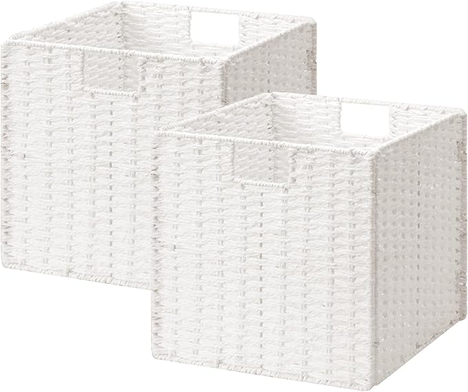 StorageWorks 13 inch Wicker Storage Baskets, Foldable Handwoven Wicker Basket for Organizing, Paper Rope Square Storage Cubes, White, 2 Pack