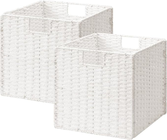 StorageWorks 13 inch Wicker Storage Baskets, Foldable Handwoven Wicker Basket for Organizing, Paper Rope Square Storage Cubes, White, 2 Pack