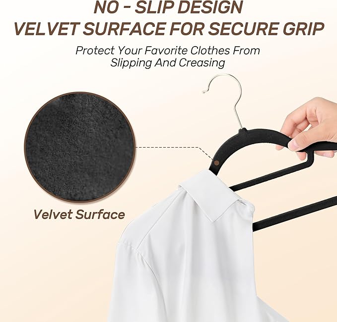 Sishynio Velvet Hangers 30 Pack with Gold Hooks, Non-Slip Slim Felt Hanger for Clothes, Space Saving Heavy Duty Flocked Hangers for Dresses, Coats, Pants(Black)