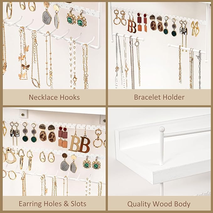 Lolalet Hanging Jewelry Organizer Wall Mount with Earrings, Bracelets, Necklaces Hooks - Easy Install Free Combination Jewelry Holder for Wall Bathroom - Set of 2, White