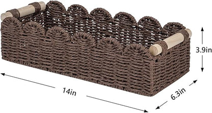 CubesLand Paper Rope Scalloped Edge Shelves Storage Basket, Woven Toilet Paper Baskets for Over Toilet Storage Shelf, Ending Table, Floating Shelves Organizing or Home Décor, with Wood Handle, Brown