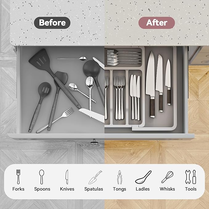 ABHENG Silverware Organizer, Expandable and Adjustable Kitchen Utensil Drawer Organizer, Plastic Cutlery Holder with Multiple Compartments, Cutlery Holder,for Spoons Forks Knives, Grey, UAFD011G