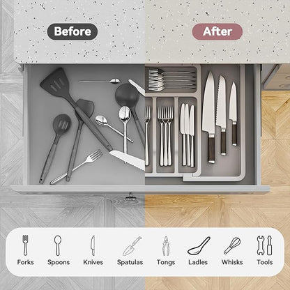 ABHENG Silverware Organizer, Expandable and Adjustable Kitchen Utensil Drawer Organizer, Plastic Cutlery Holder with Multiple Compartments, Cutlery Holder,for Spoons Forks Knives, Grey, UAFD011G